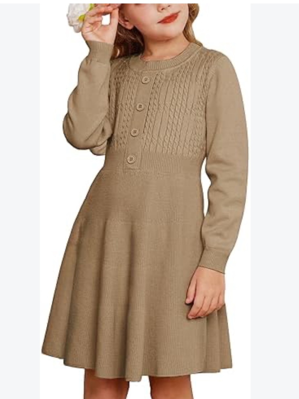 GRACE KARIN Girls 6Y Brown Cable Knit Sweater Dress Button Front Fall Dress